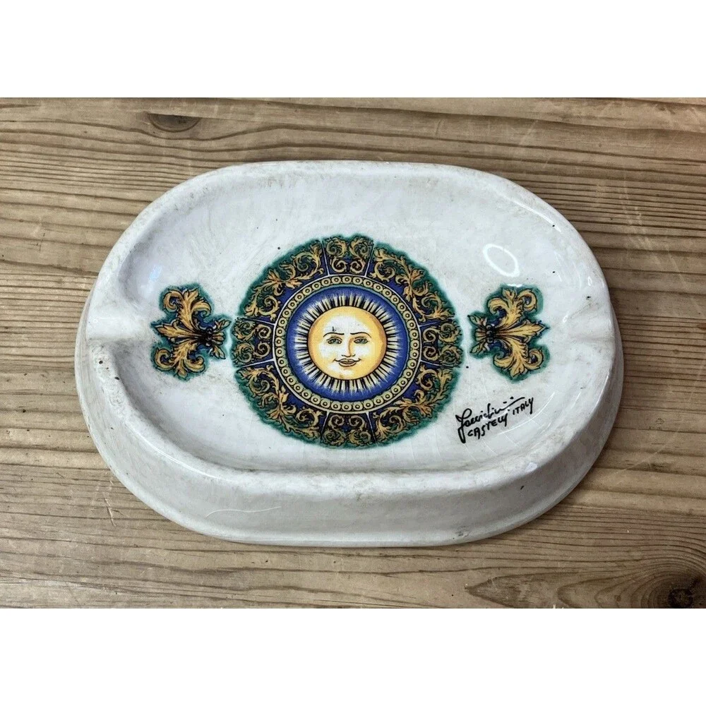 VTG FACCIOLINI CASTELLI POTTERY ITALY RENAISSANCE STYLE SUN MEDALLION ASHTRAY